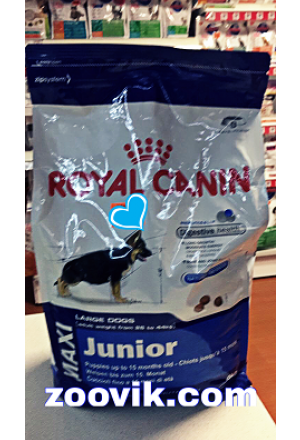 Корм Роял Канин Макси Юниор для щенков крупных пород собак (вес взрослой собаки 26-44кг) в возрасте с 2х до 15 месяцев.